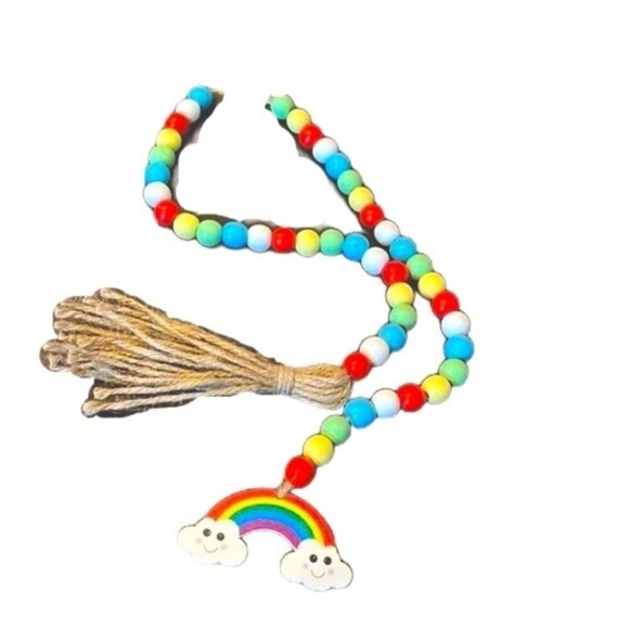 Rainbow Wood Bead Garland‎ With Tassel & Rainbow Cloud Attached - Picture 1 of 5
